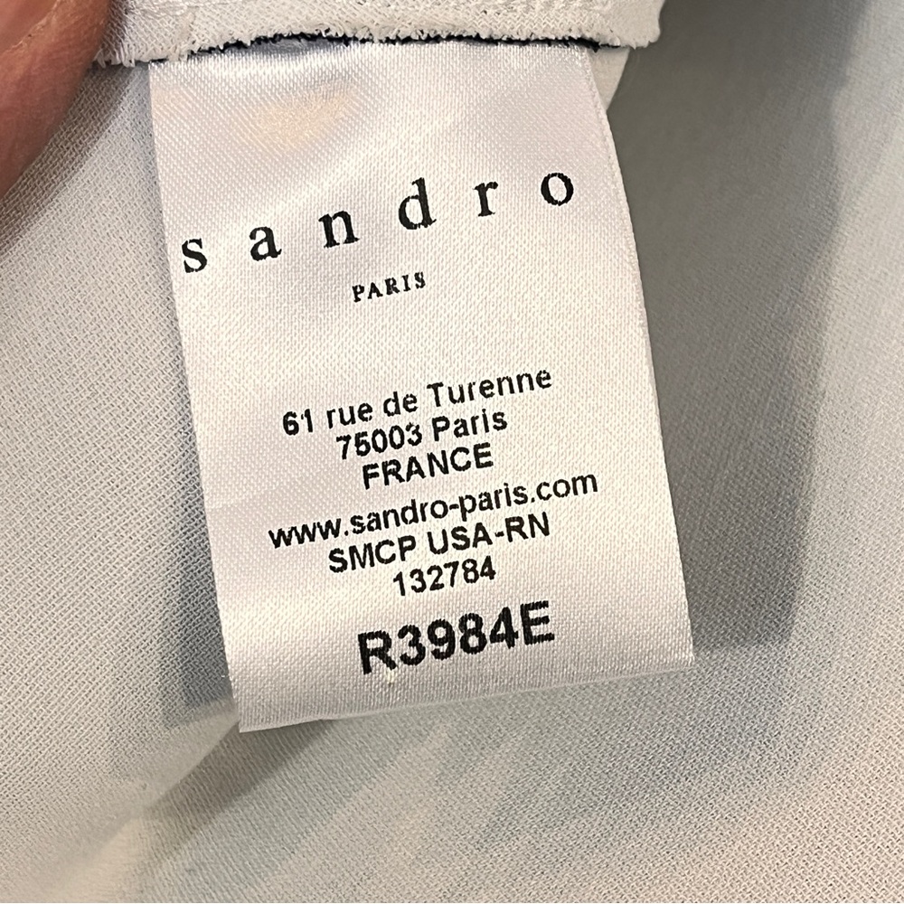 Sandro Paris Rhode Dress Asymmetrical Mesh Illusion Neckline Hemline Navy Sz 6/8 - Picture 12 of 13